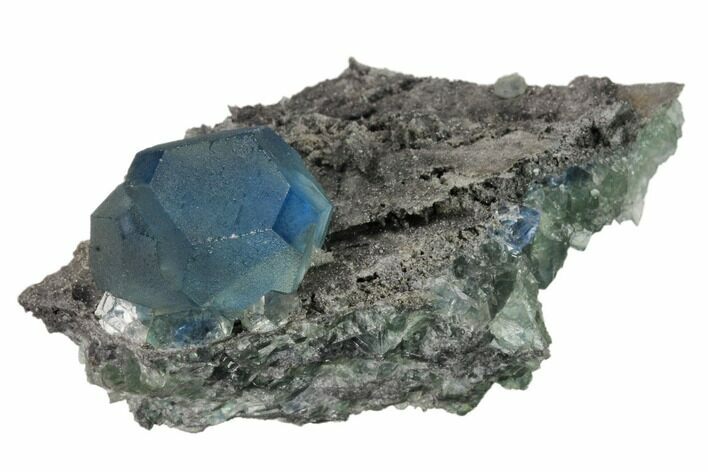 Blue-Green Cuboctahedral Fluorite on Sparkling Quartz - China #161784